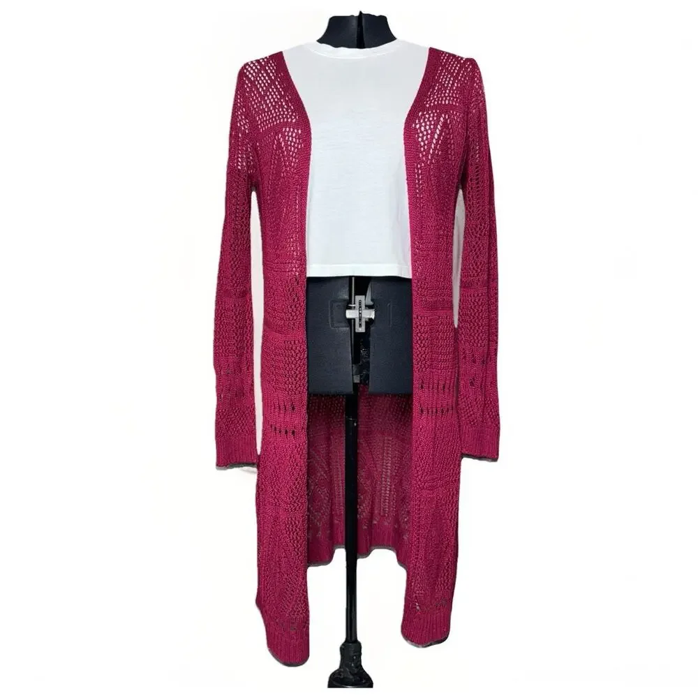 Ransom Womens Medium Sweater Red Burgundy Long Sleeve Knit Crochet Open Cardigan